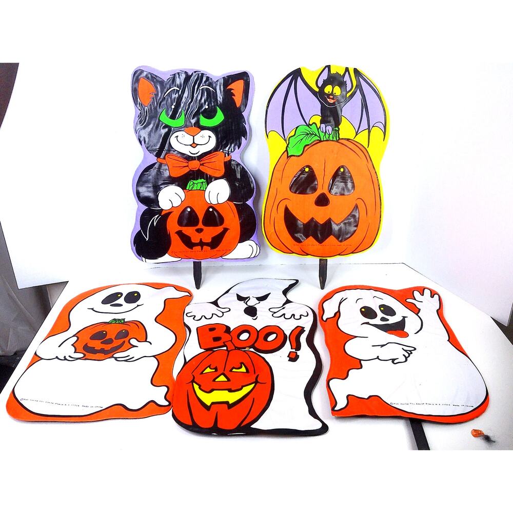 Vtg Fun World Yard Scenes 90s Halloween Vinyl Tombstone Ghost Pumpkin Cat Set 5